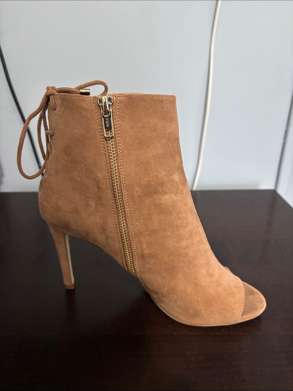 Aldo Camel Suede Peep-Toe Lace-Back Ankle Boot